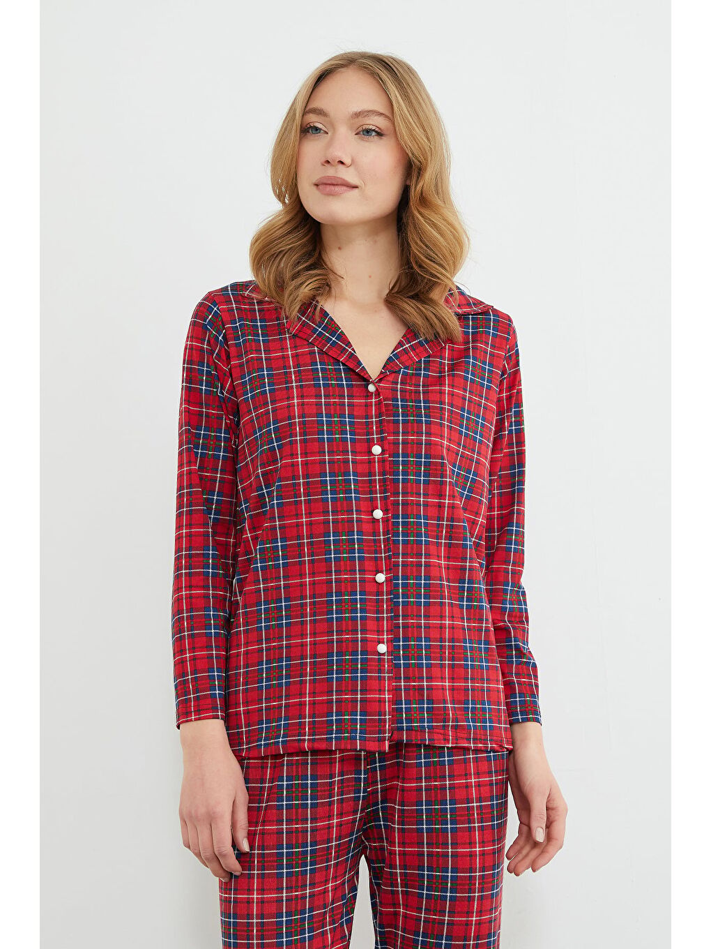 Bordo Ekose Desenli Gömlek Yaka Pijama Takımı-4