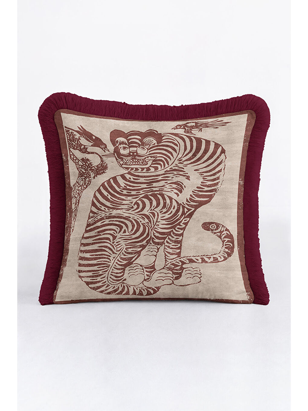 Karışık Asya Esintili Kaplan Motifli Saçaklı Yastık Kılıfı - Retro Bordo Bohem Püsküllü Kırlent Kılıfı-4