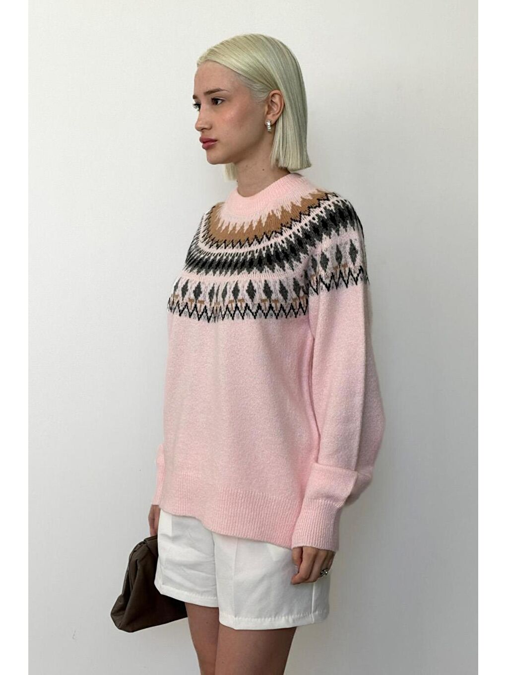 Pembe Bisiklet Yaka Desenli Kadın Triko Kazak Mg2502-9