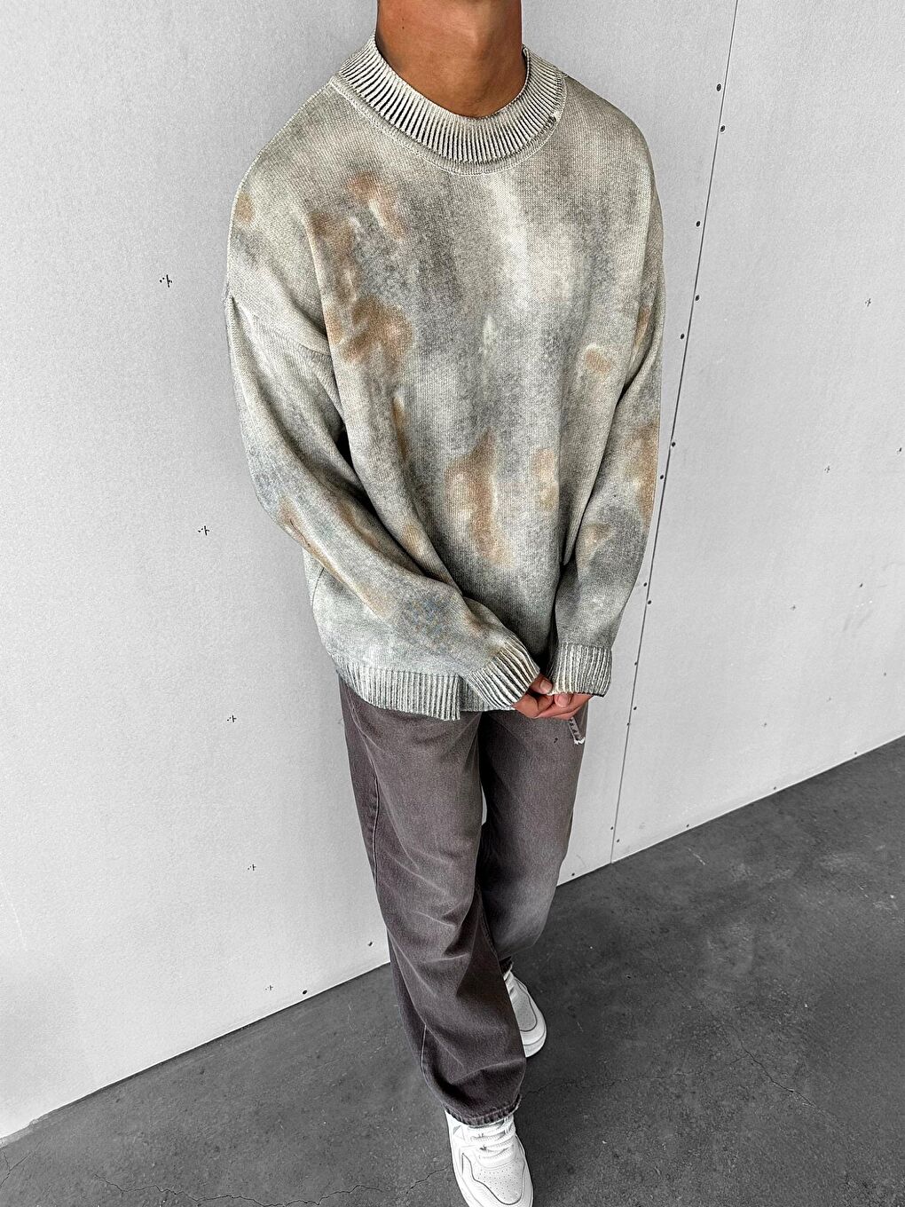 Erkek Oversize Boyama Desenli Triko Kazak Gri-2