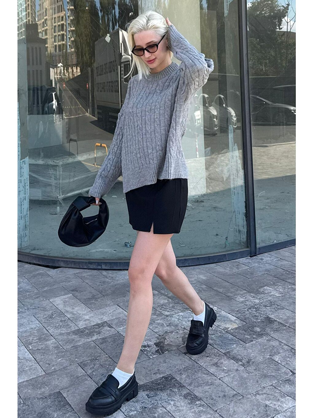 Gri Bisiklet Yaka Örgü Desenli Kadın Triko Kazak Mg2520-4