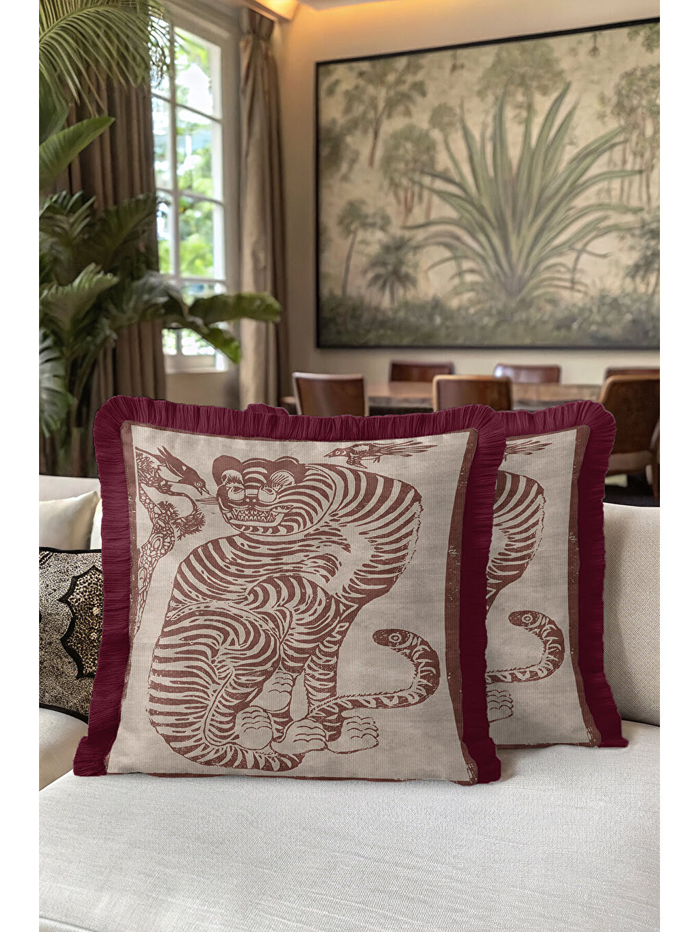 Karışık Asya Esintili Kaplan Motifli Saçaklı Yastık Kılıfı - Retro Bordo Bohem Püsküllü Kırlent Kılıfı-5