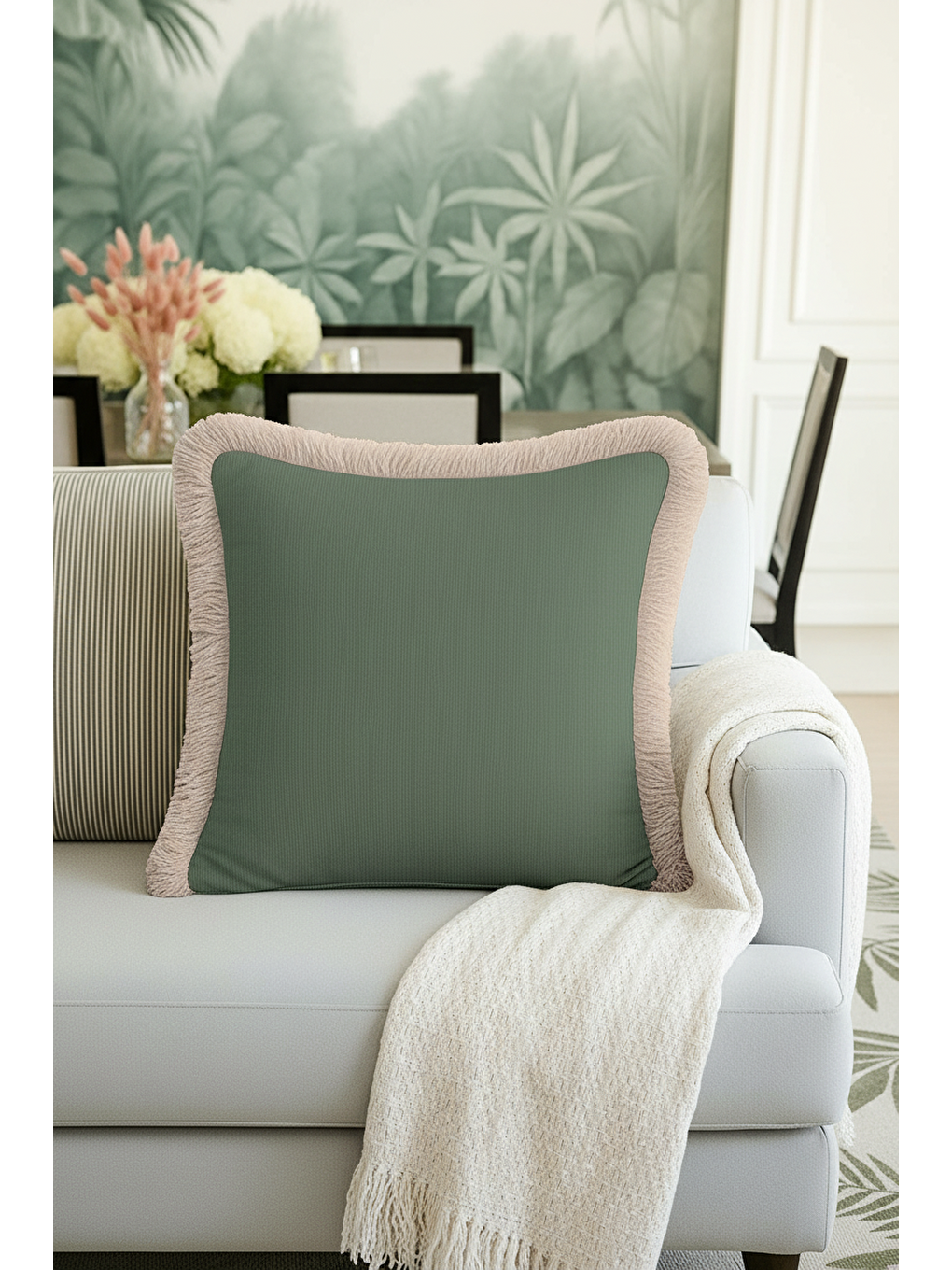 Karışık Zengin Kadife Lüks Saçaklı Yastık Kılıfı - Bohem Doğal Yeşil Bej Püsküllü Kırlent Kılıfı-1