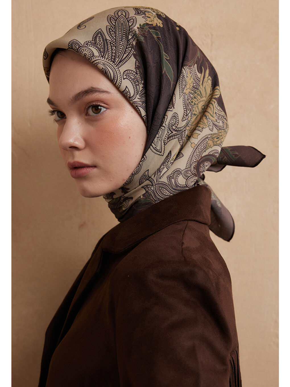 Kahverengi Darıa Desen Pamuk İpek Eşarp Kızıl Kahve-3