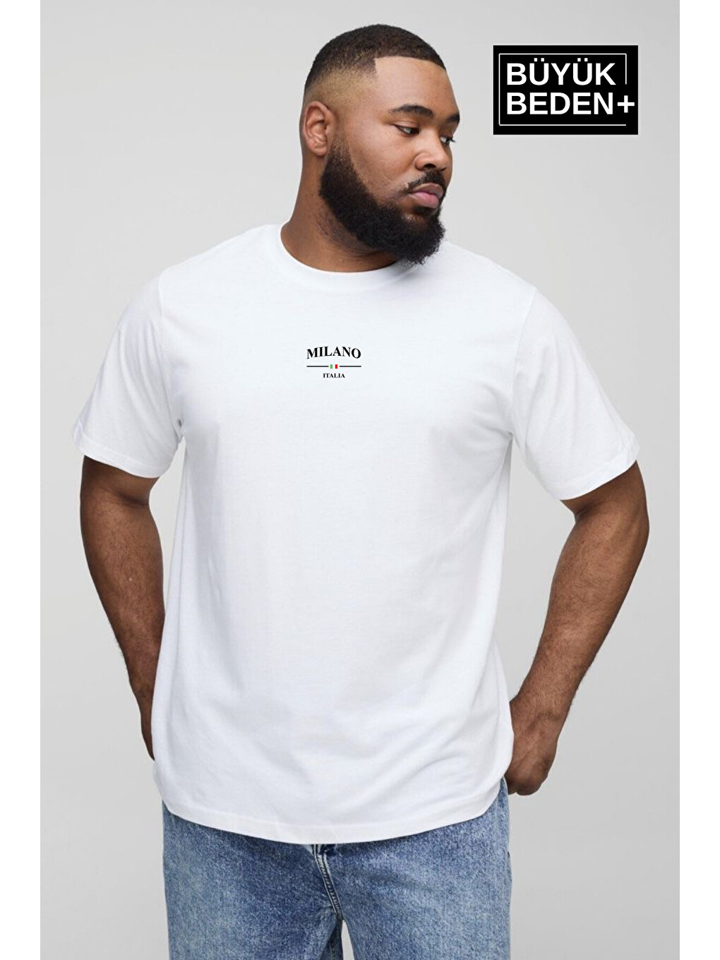 Beyaz Erkek Büyük Beden Milano İtalia Baskılı 3xl-6xl Bisiklet Yaka Tshırt Spr26bts510-09-1