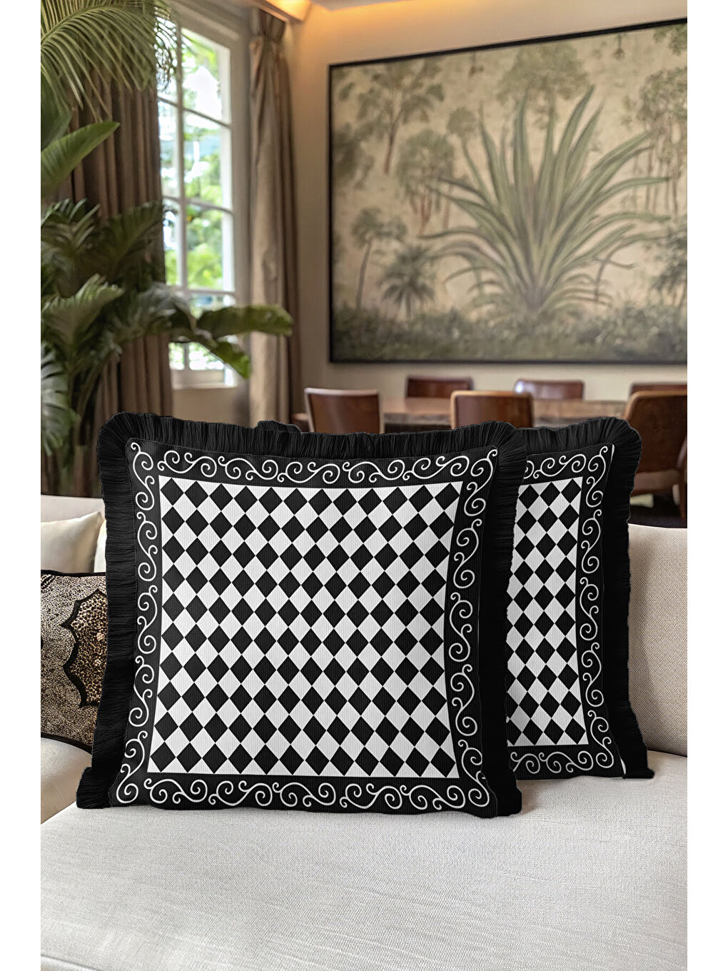 Karışık Harlequin Geometrik Saçaklı Yastık Kılıfı - Siyah Beyaz Klasik Modern Püsküllü Kırlent Kılıfı-5