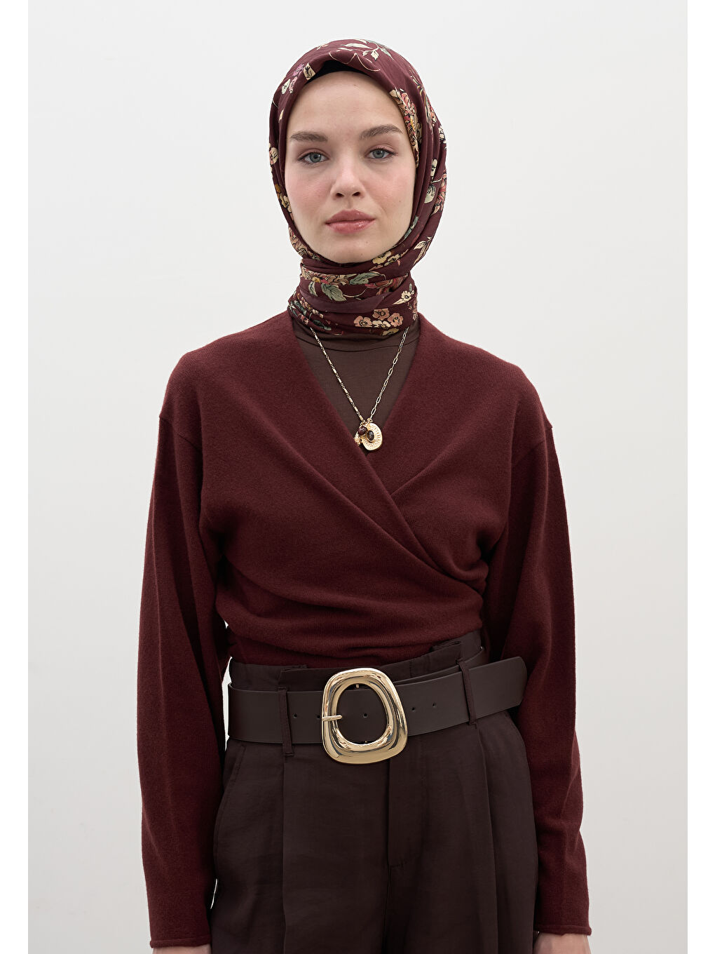 Jenephıe Desen Pamuklu Viskon Eşarp Bordo-1