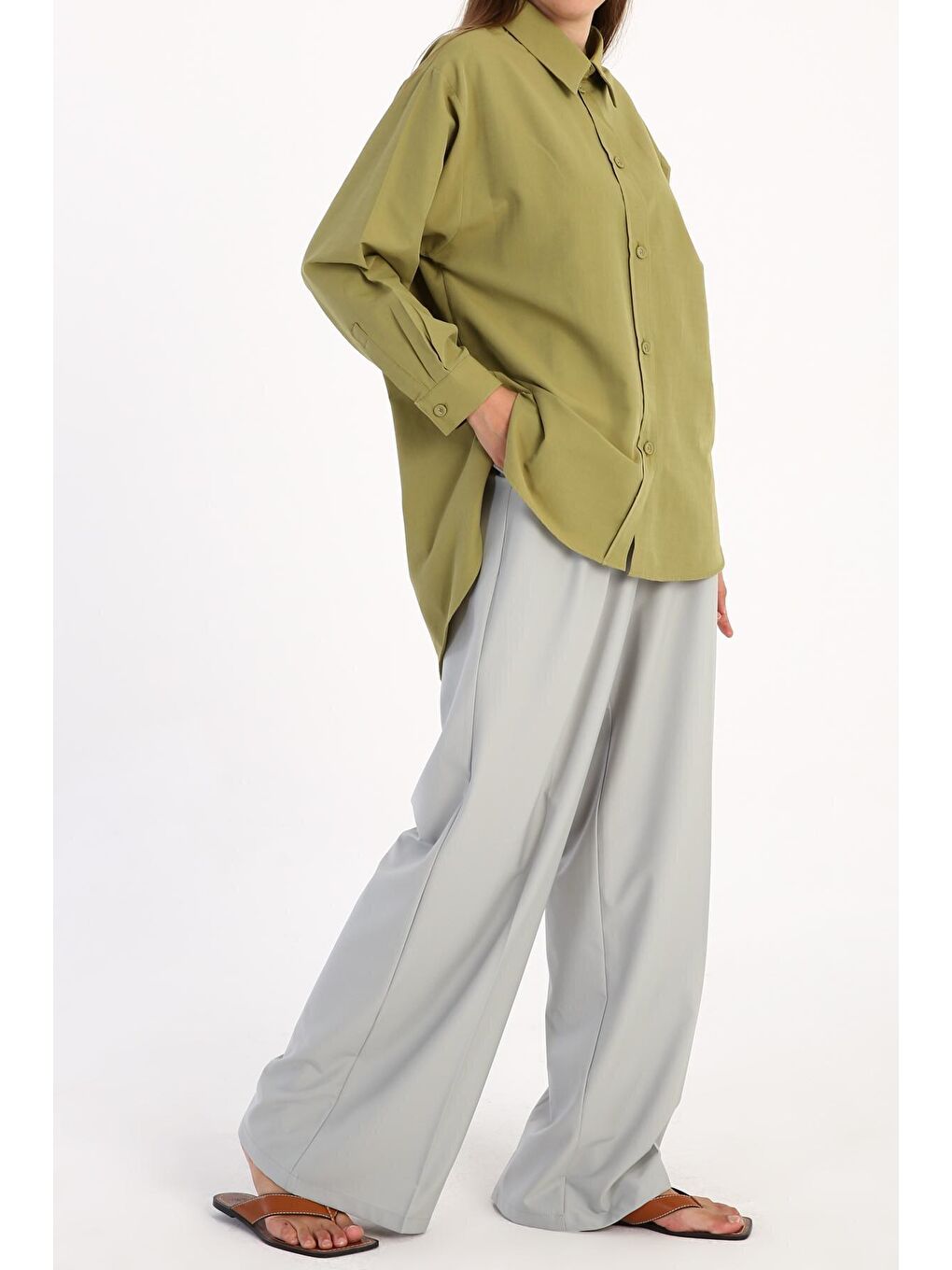 Yağ Yeşili Kumaş Kaplamalı Düğmeli Oversize Gömlek-3