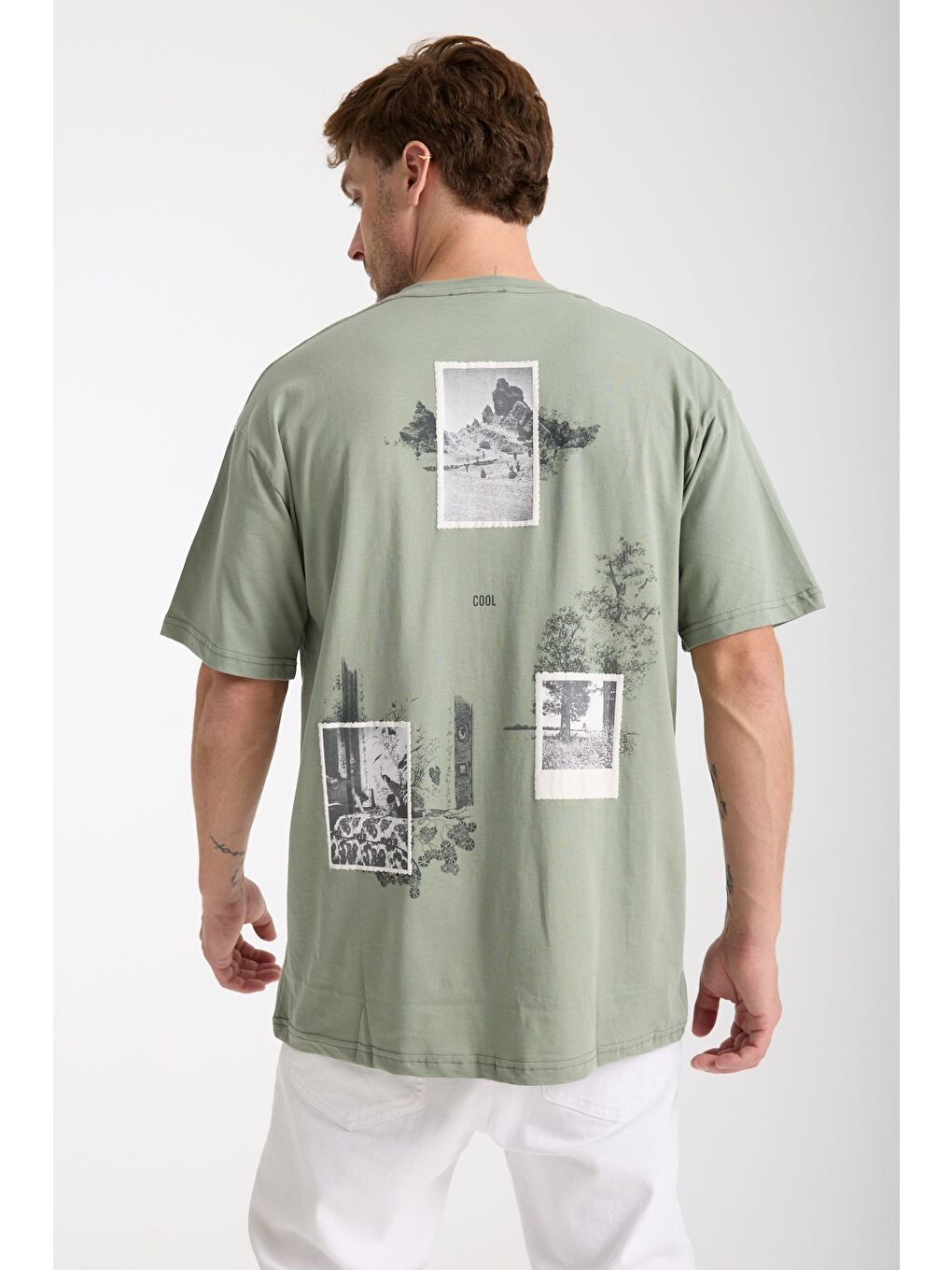 Turkuaz Erkek Su Yeşili Portra Ön Ve Arka Baskılı Oversize Bisiklet Yaka Tişört