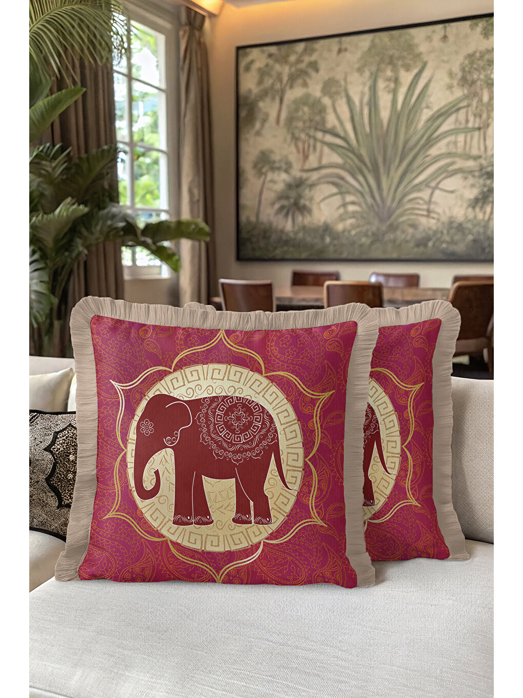 Karışık Hintli Mandala Fil Saçaklı Yastık Kılıfı - Etnik Bohem Kırmızı Sarı Gold Püsküllü Kırlent Kılıfı-5