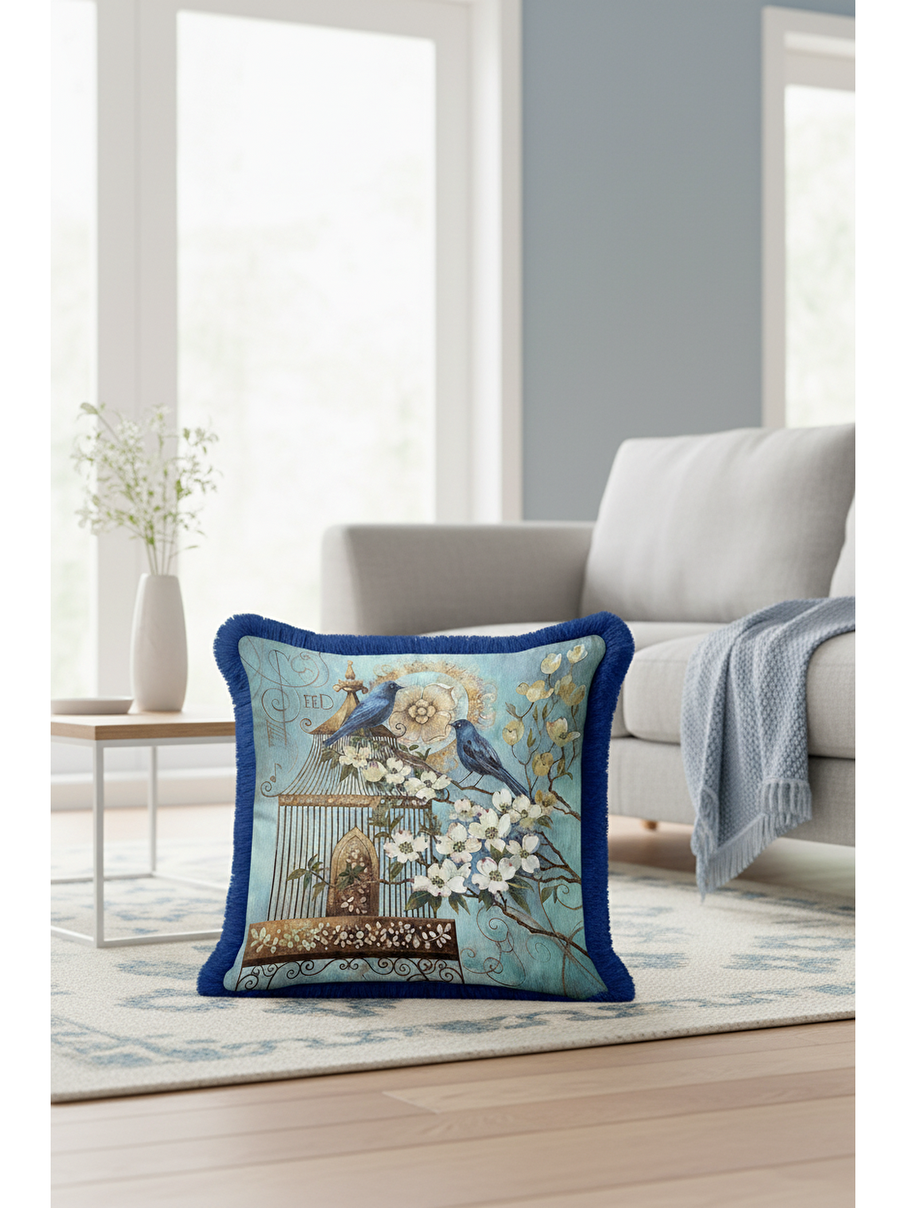 Karışık Zarif Kuşlu Çiçekli Saçaklı Yastık Kılıfı - Vintage Bahar Rustik Mavi Altın Püsküllü Kırlent Kılıfı-1