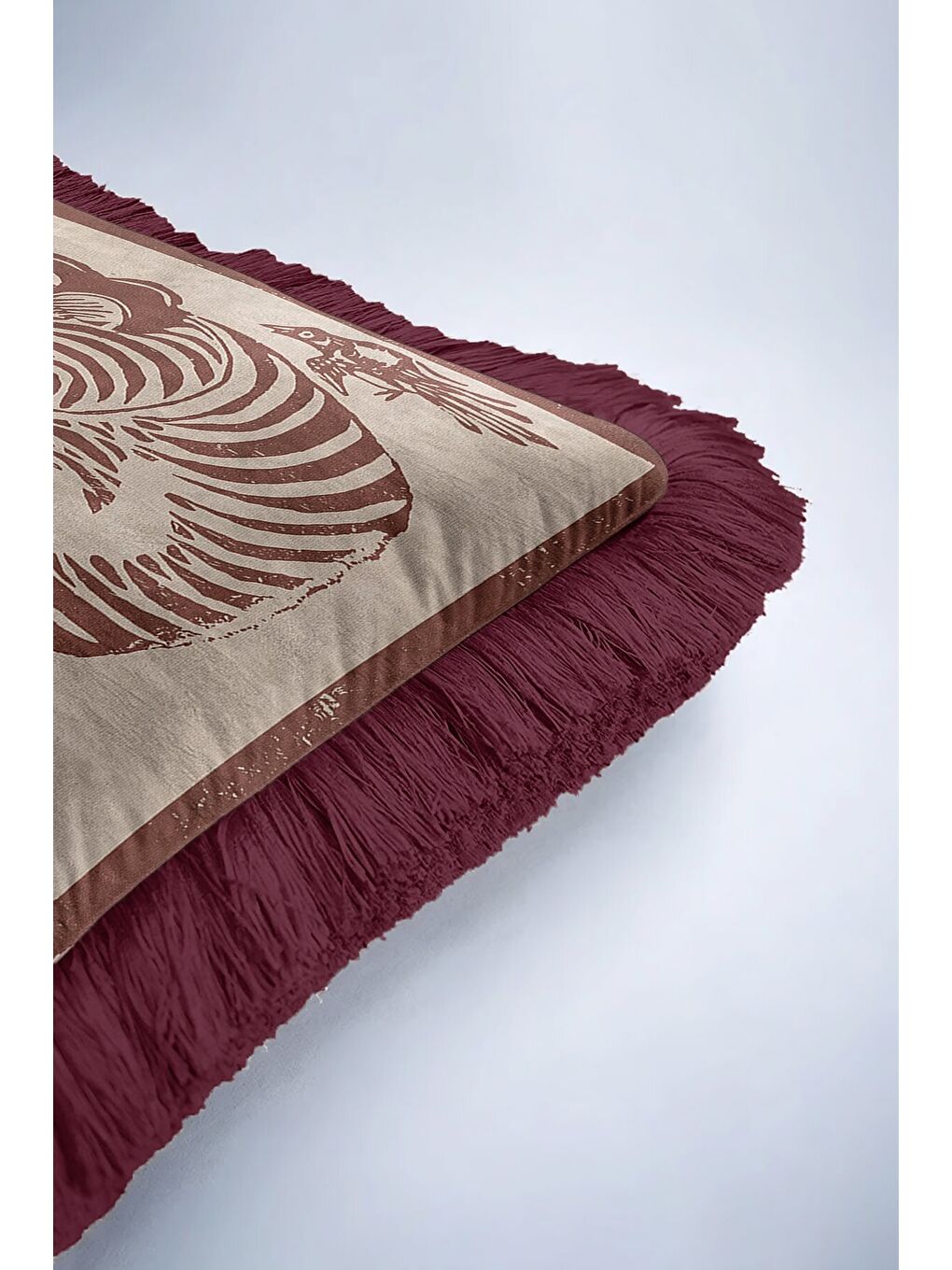 Karışık Asya Esintili Kaplan Motifli Saçaklı Yastık Kılıfı - Retro Bordo Bohem Püsküllü Kırlent Kılıfı-6