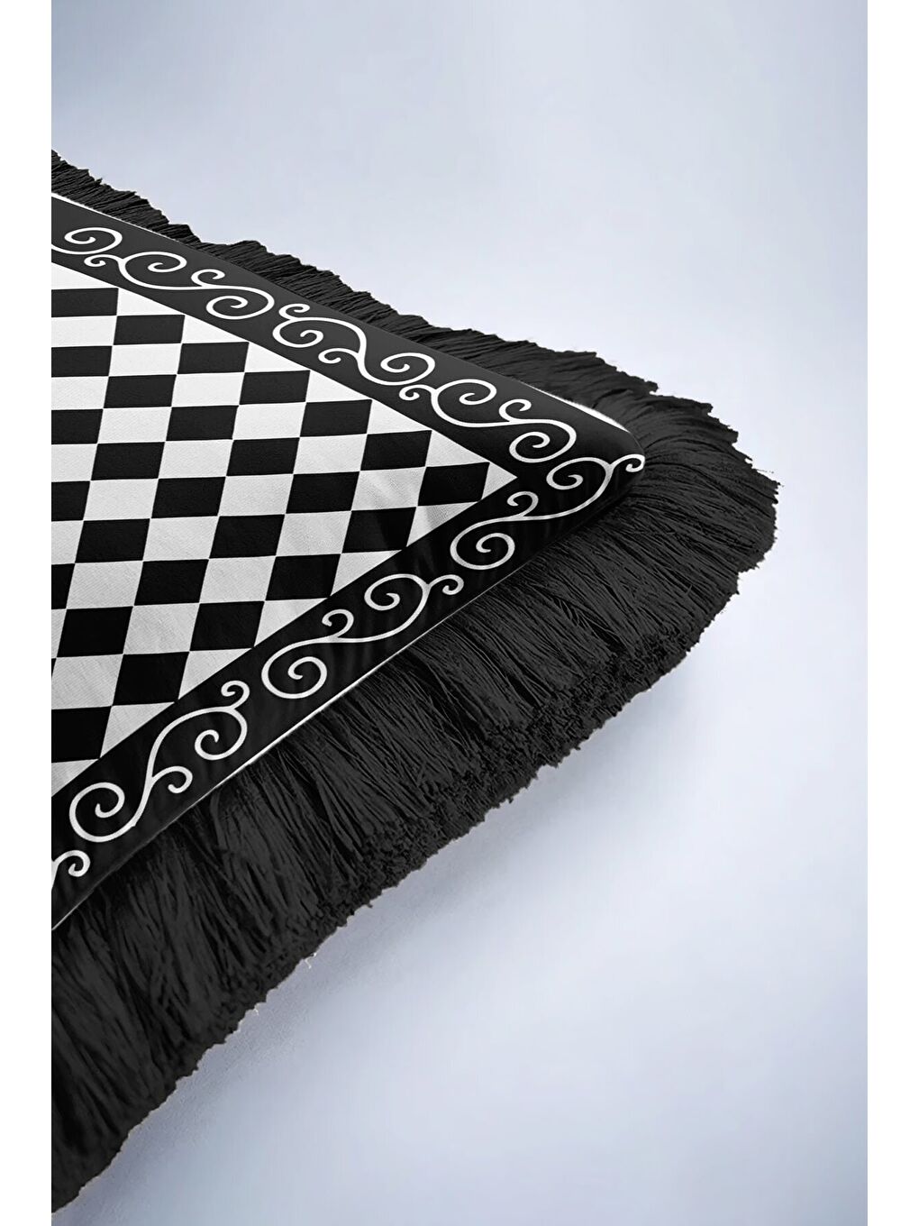 Karışık Harlequin Geometrik Saçaklı Yastık Kılıfı - Siyah Beyaz Klasik Modern Püsküllü Kırlent Kılıfı-6