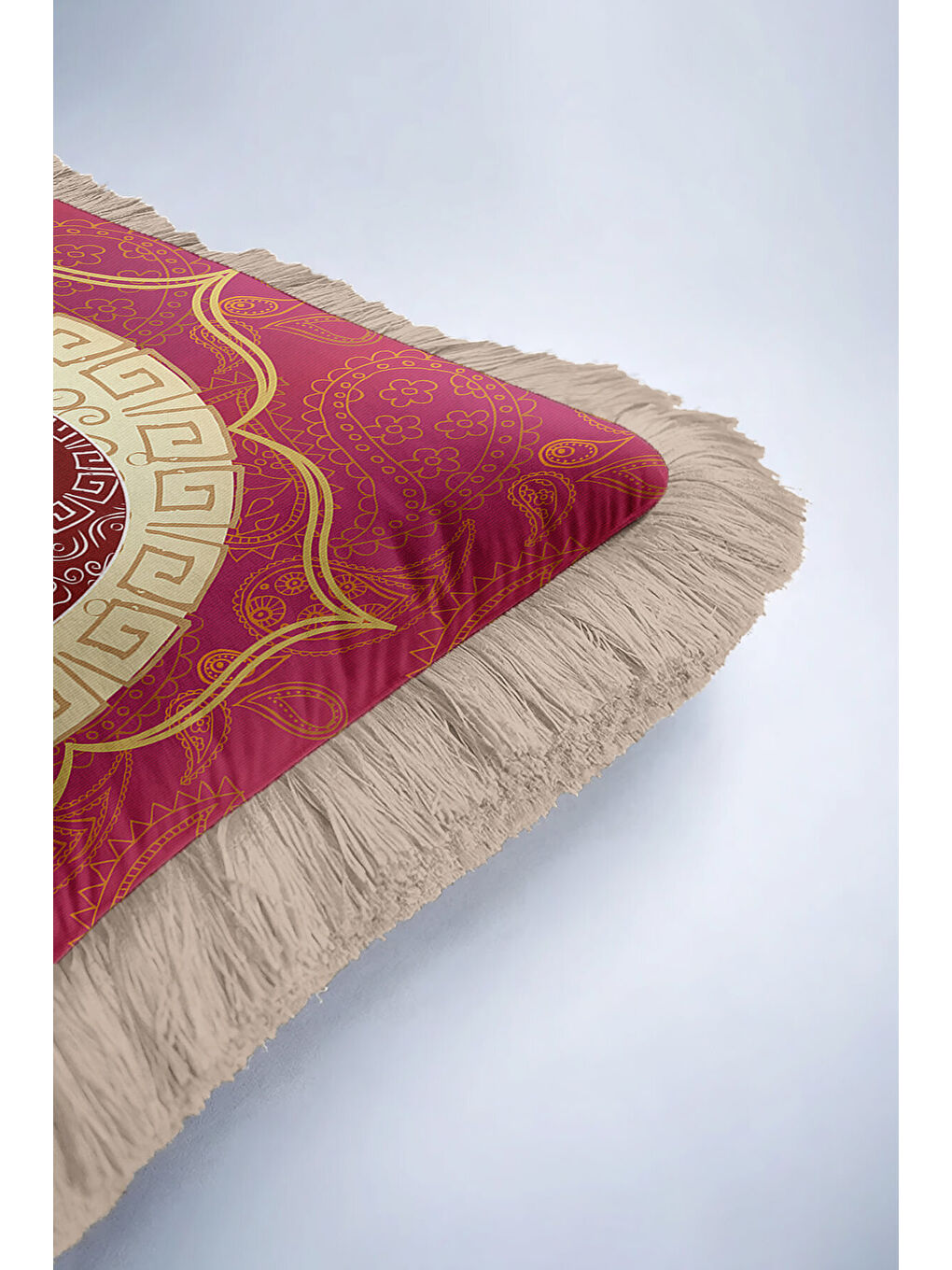 Karışık Hintli Mandala Fil Saçaklı Yastık Kılıfı - Etnik Bohem Kırmızı Sarı Gold Püsküllü Kırlent Kılıfı-6