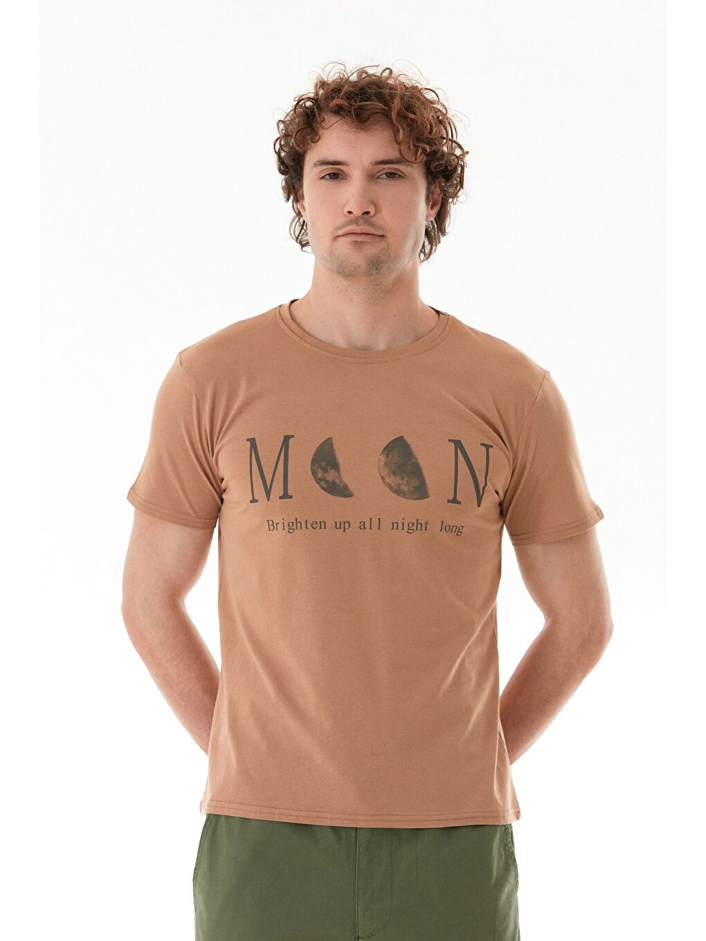 Bej Moon Yazı Ve Ay Baskılı Bisiklet Yaka %100 Pamuk Tişört
