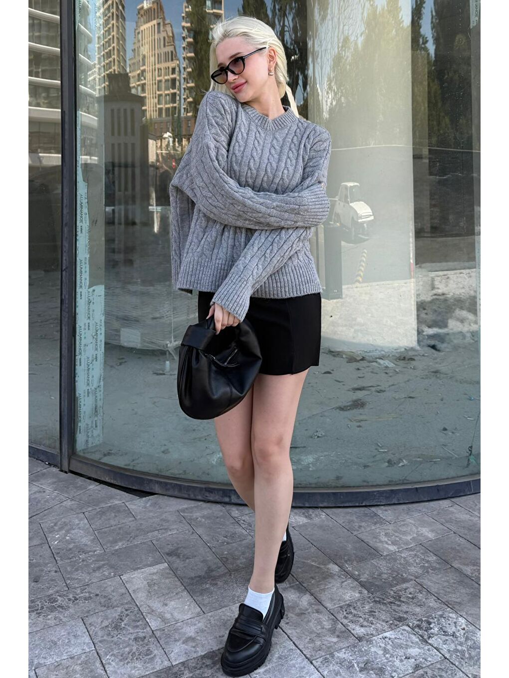 Gri Bisiklet Yaka Örgü Desenli Kadın Triko Kazak Mg2520-5