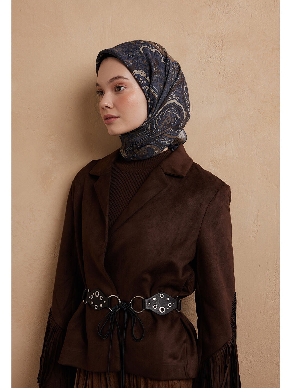 Sıara Desen Pamuk İpek Eşarp İndigo-1