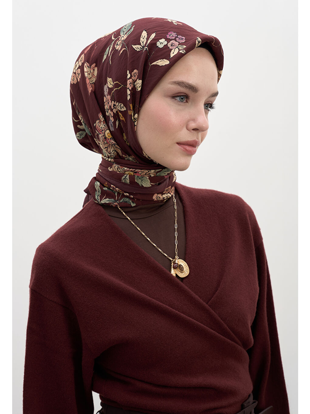 Jenephıe Desen Pamuklu Viskon Eşarp Bordo-2