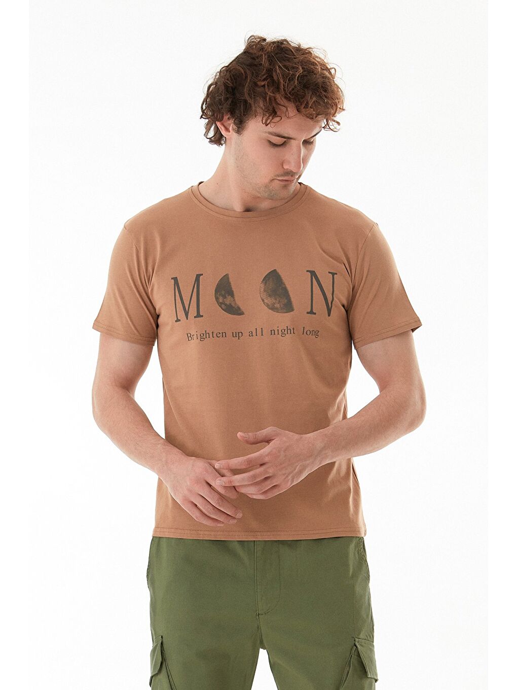 Bej Moon Yazı Ve Ay Baskılı Bisiklet Yaka %100 Pamuk Tişört-1
