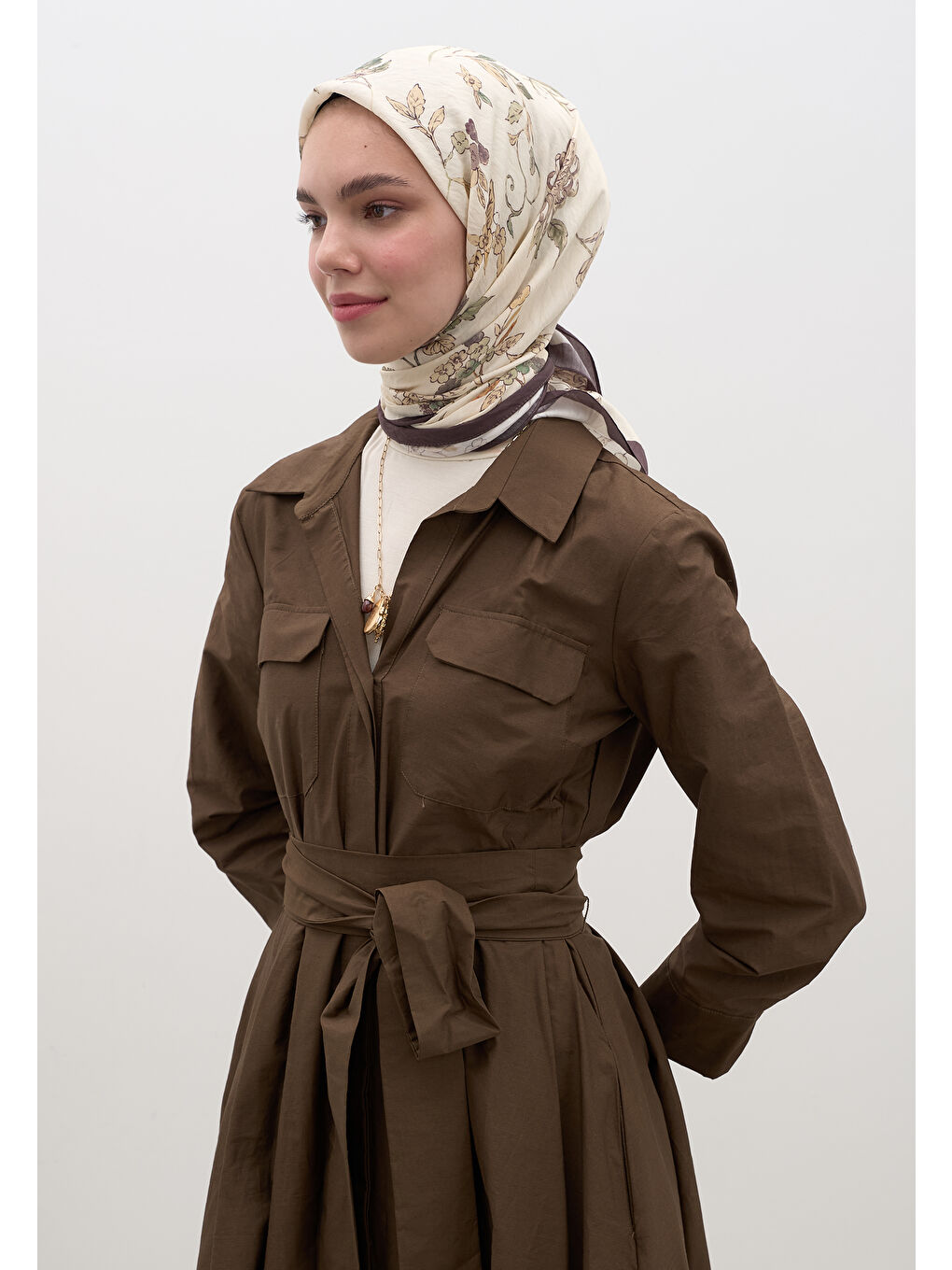 Bej Jenephıe Desen Pamuklu Viskon Eşarp Vizon