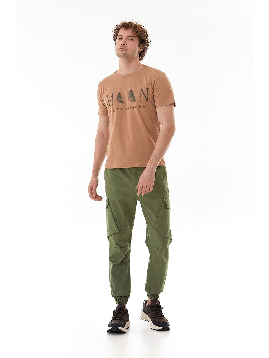 Bej Moon Yazı Ve Ay Baskılı Bisiklet Yaka %100 Pamuk Tişört-2