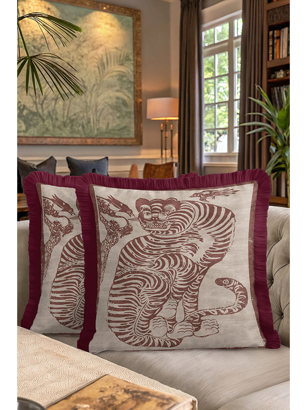 Karışık Asya Esintili Kaplan Motifli Saçaklı Yastık Kılıfı - Retro Bordo Bohem Püsküllü Kırlent Kılıfı-7