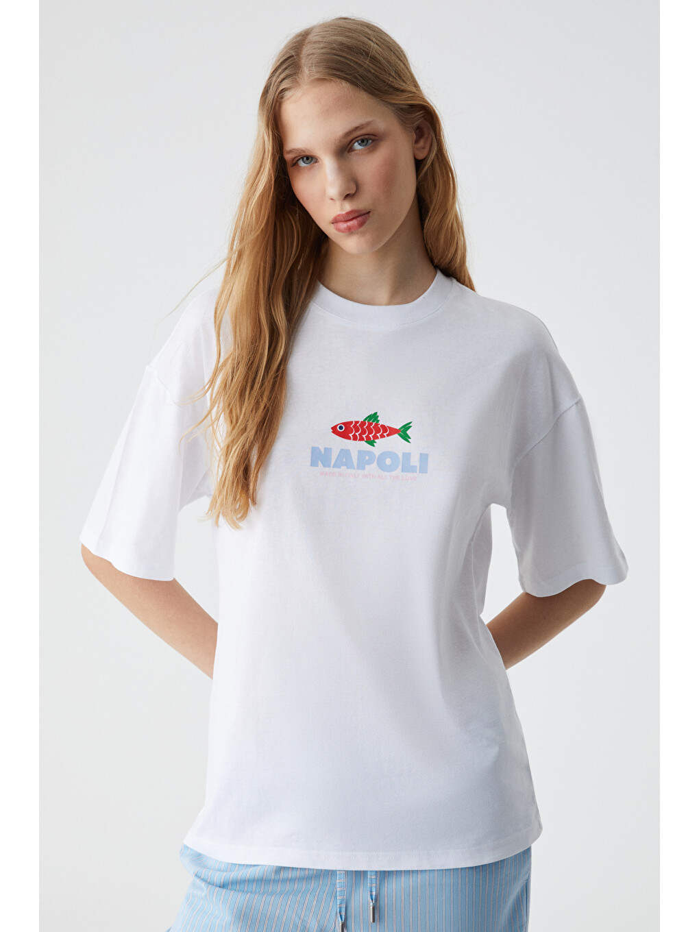 Caıtlyn Kadın Oversize Bisiklet Yaka Beyaz T-shirt