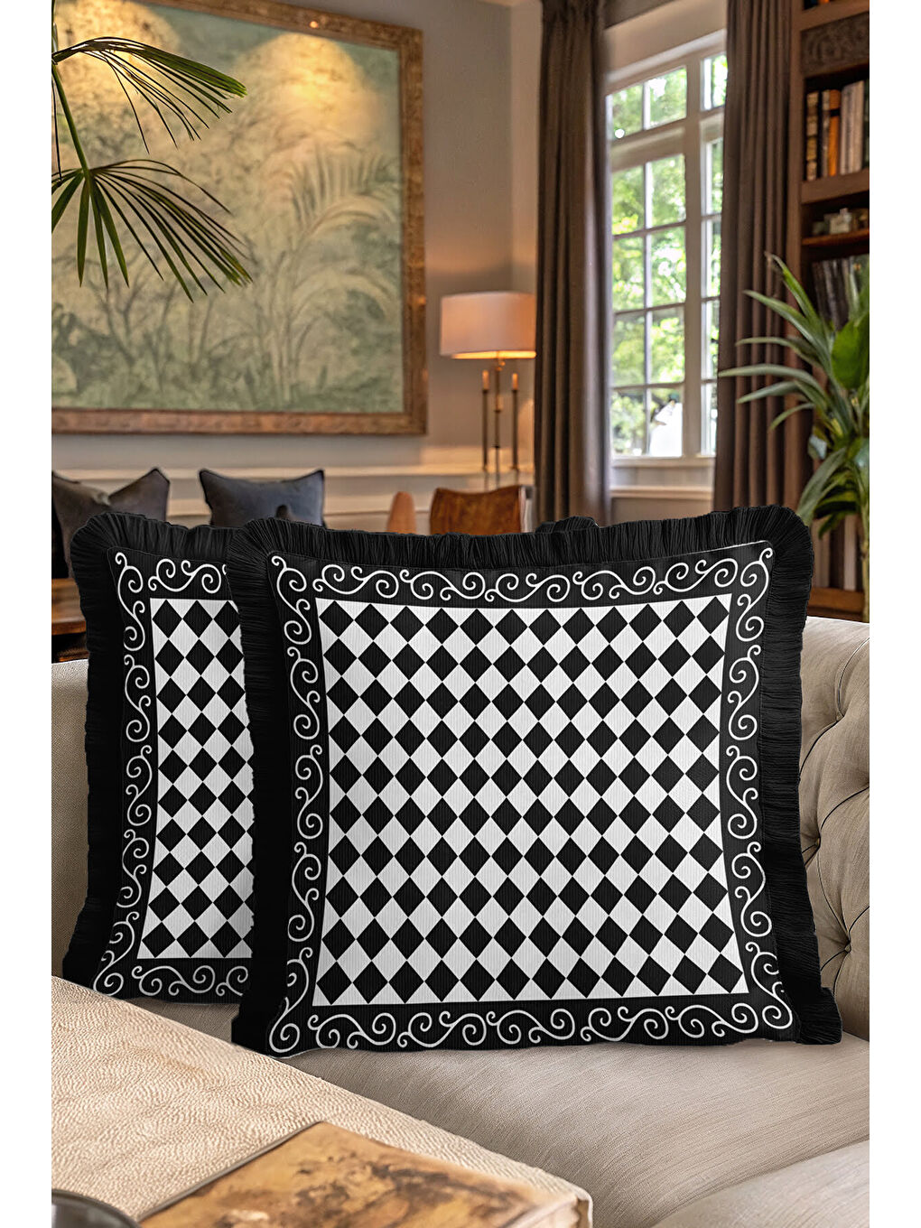 Karışık Harlequin Geometrik Saçaklı Yastık Kılıfı - Siyah Beyaz Klasik Modern Püsküllü Kırlent Kılıfı-7