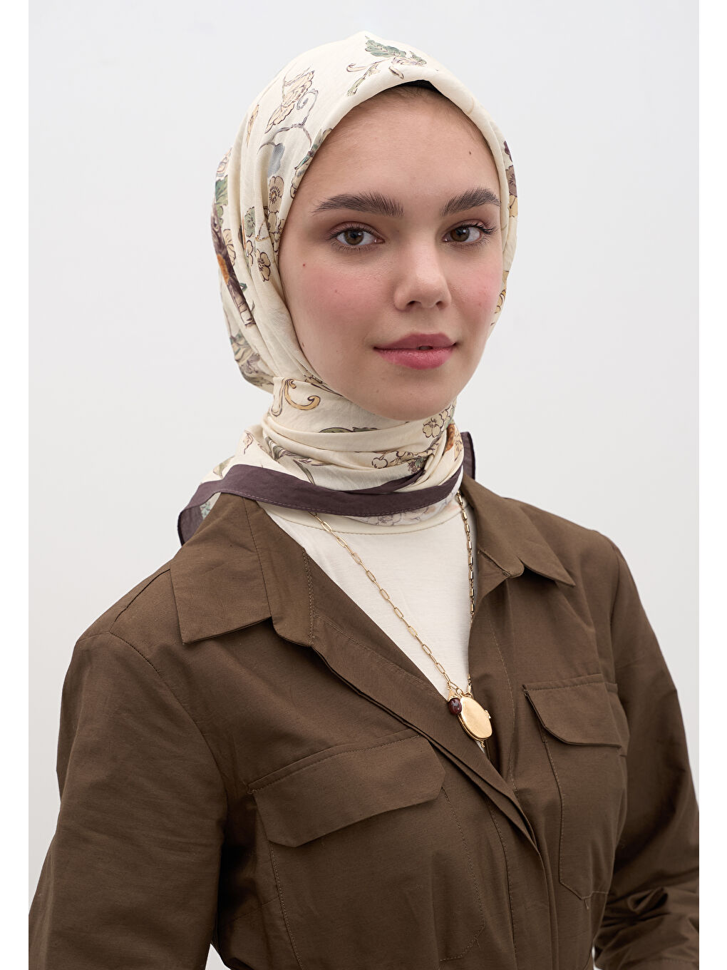 Bej Jenephıe Desen Pamuklu Viskon Eşarp Vizon-1