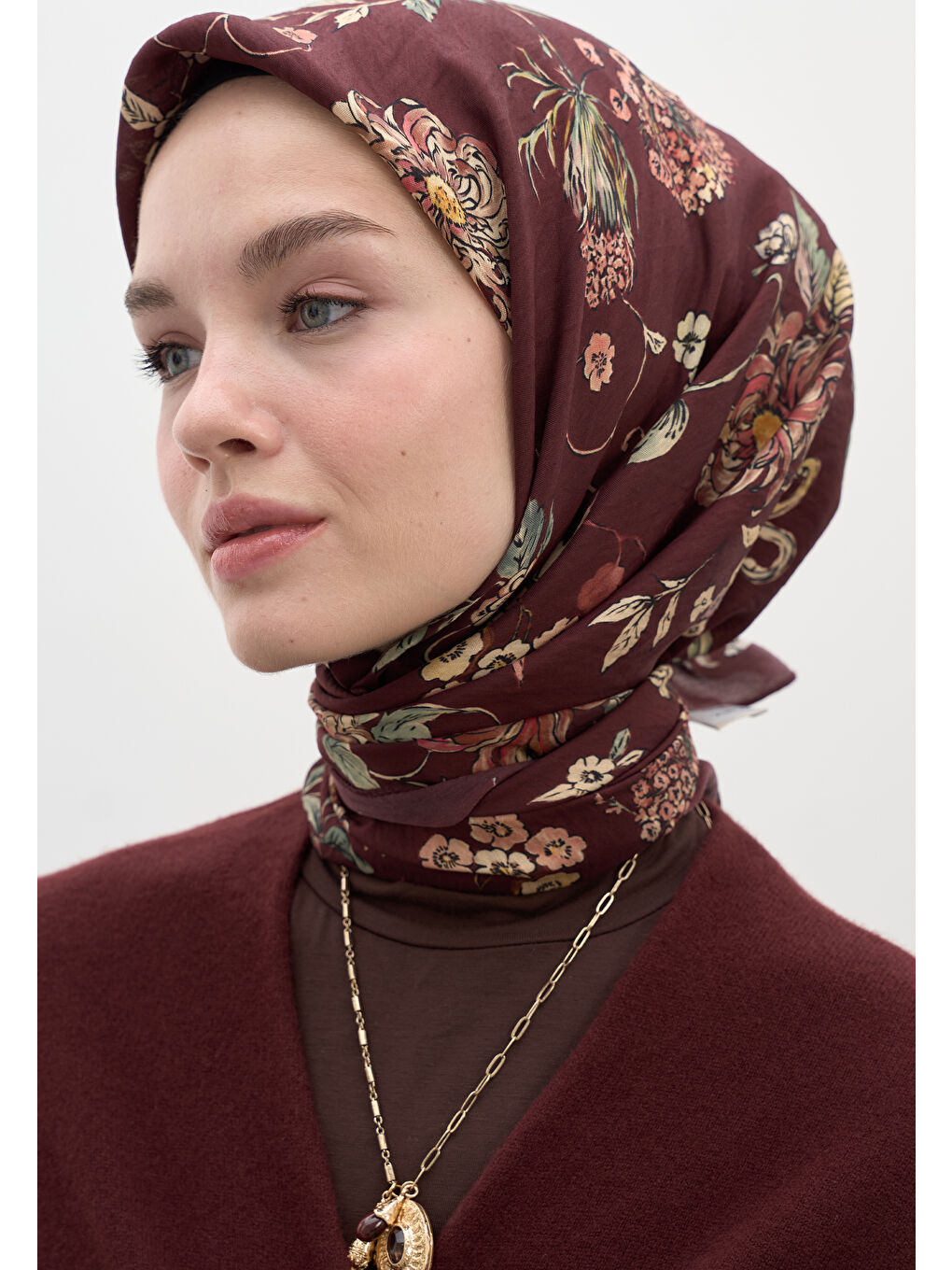 Jenephıe Desen Pamuklu Viskon Eşarp Bordo-3