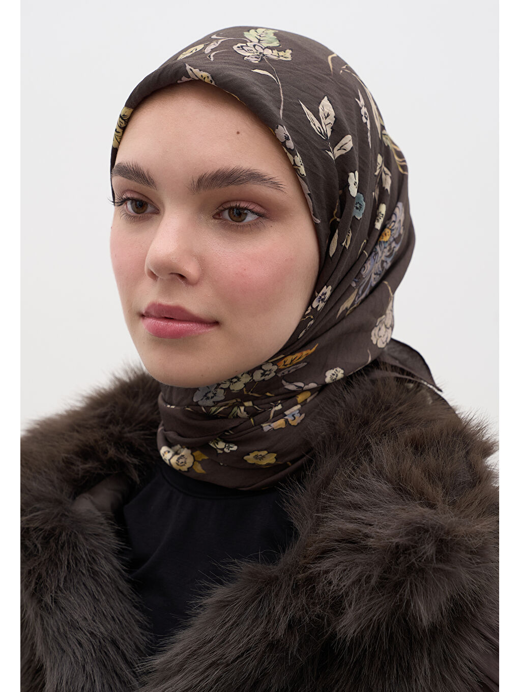 Kahverengi Jenephıe Desen Pamuklu Viskon Eşarp Acı Kahve-1