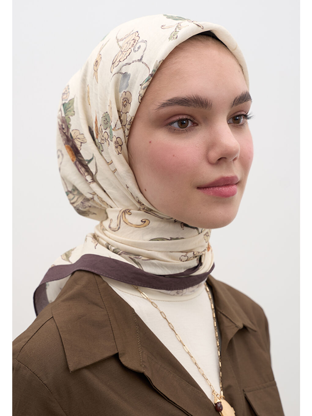Bej Jenephıe Desen Pamuklu Viskon Eşarp Vizon-2