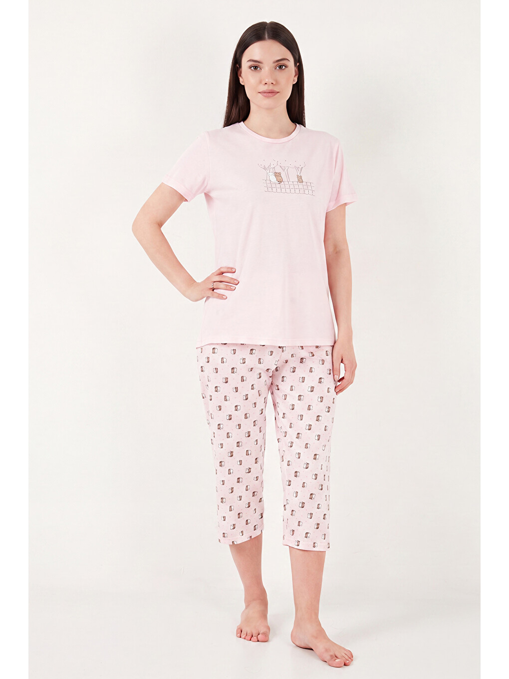Pembe Desenli Pamuklu Bisiklet Yaka Kaprili Pijama Takımı 65790787-1
