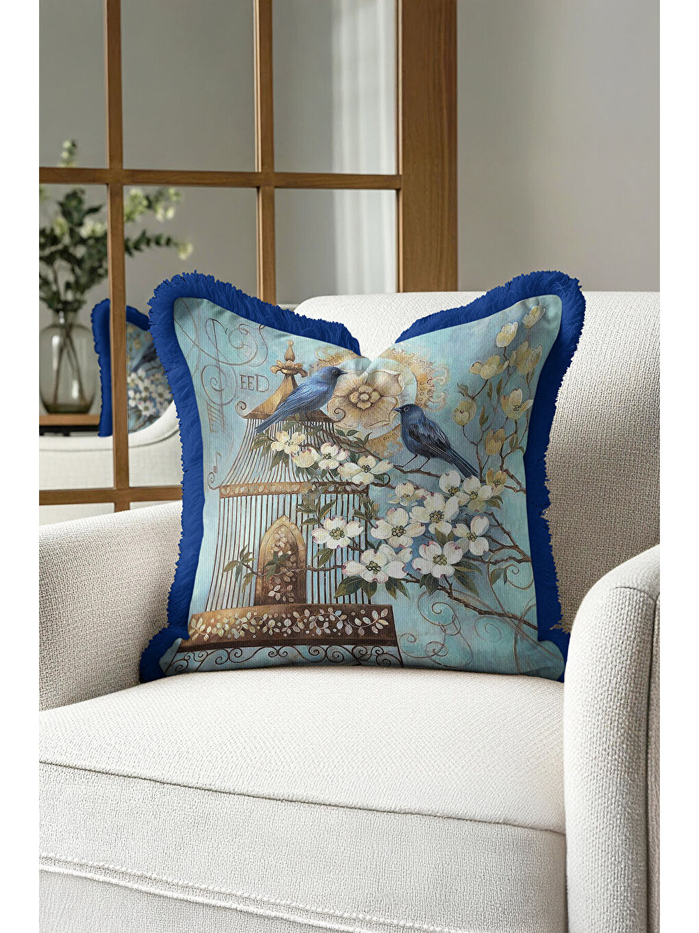 Karışık Zarif Kuşlu Çiçekli Saçaklı Yastık Kılıfı - Vintage Bahar Rustik Mavi Altın Püsküllü Kırlent Kılıfı-2