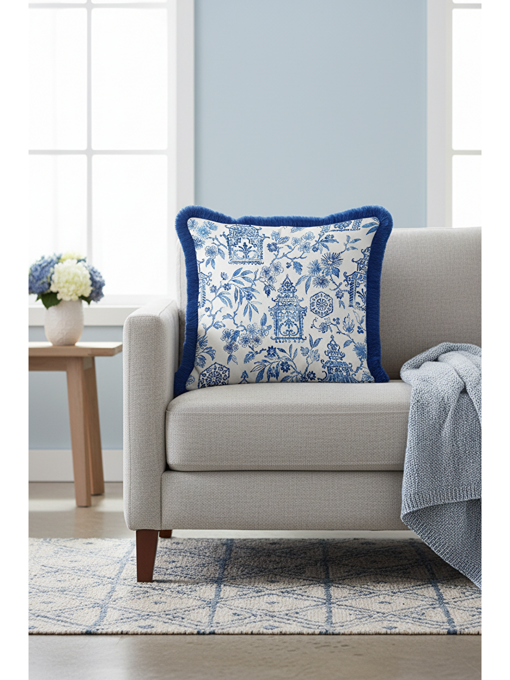 Karışık Zarif Motifli Saçaklı Yastık Kılıfı - Chinoiserie Bahar Mavisi Vintage Püsküllü Kırlent Kılıfı-1