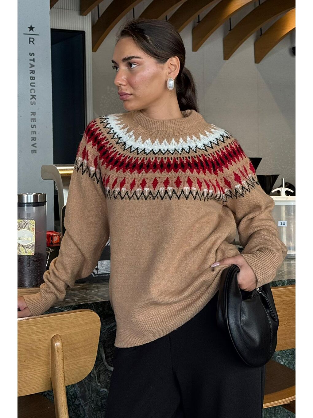 Bej Vizon Bisiklet Yaka Desenli Kadın Triko Kazak Mg2502-1