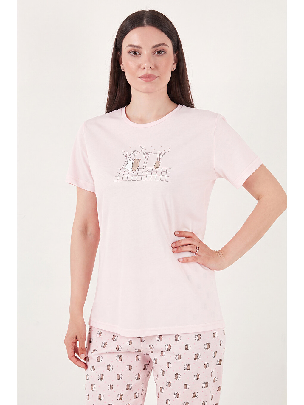 Pembe Desenli Pamuklu Bisiklet Yaka Kaprili Pijama Takımı 65790787-2