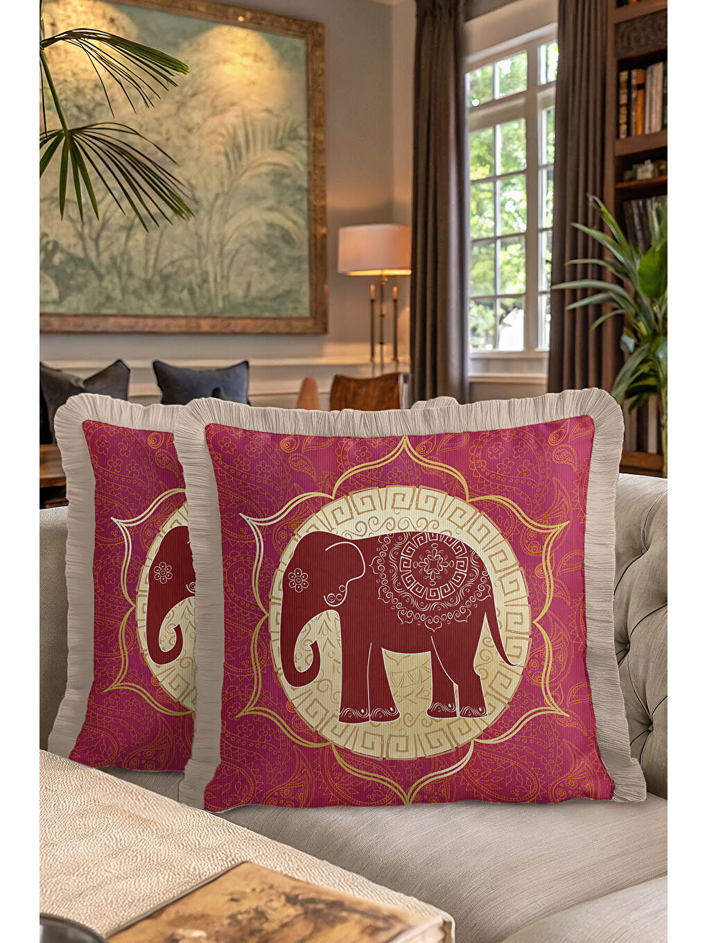 Karışık Hintli Mandala Fil Saçaklı Yastık Kılıfı - Etnik Bohem Kırmızı Sarı Gold Püsküllü Kırlent Kılıfı-7