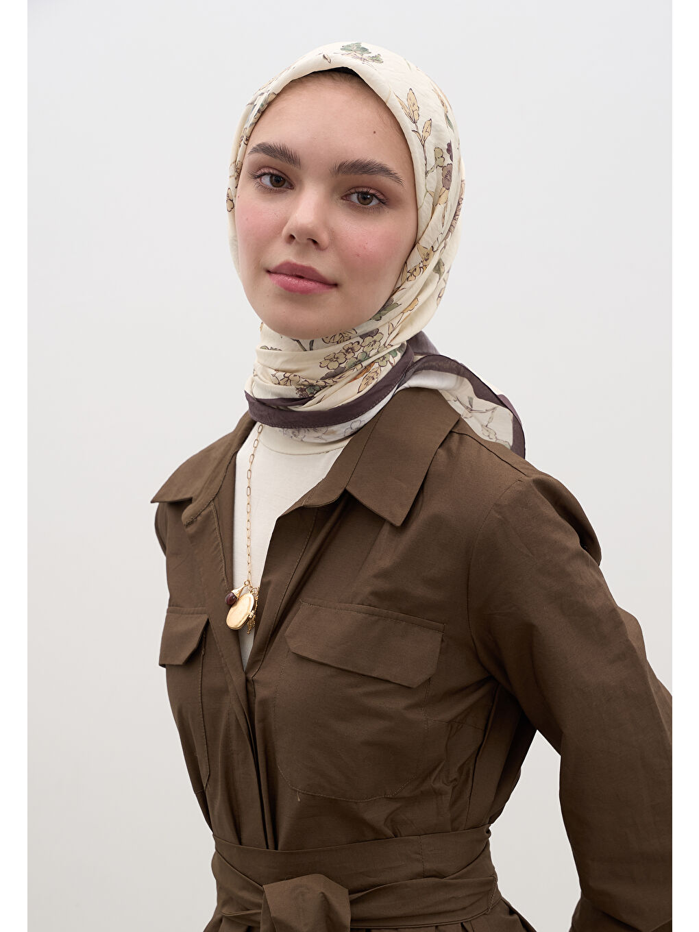 Bej Jenephıe Desen Pamuklu Viskon Eşarp Vizon-3