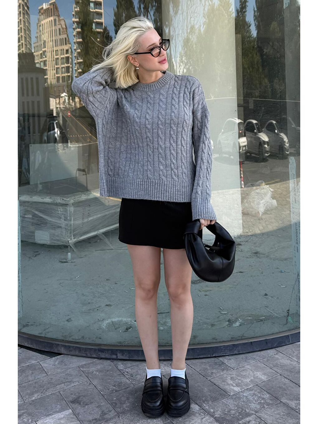 Gri Bisiklet Yaka Örgü Desenli Kadın Triko Kazak Mg2520-7