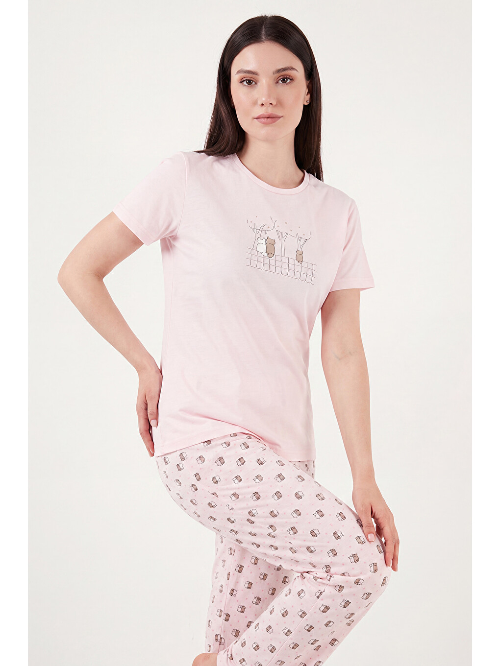 Pembe Desenli Pamuklu Bisiklet Yaka Kaprili Pijama Takımı 65790787-3