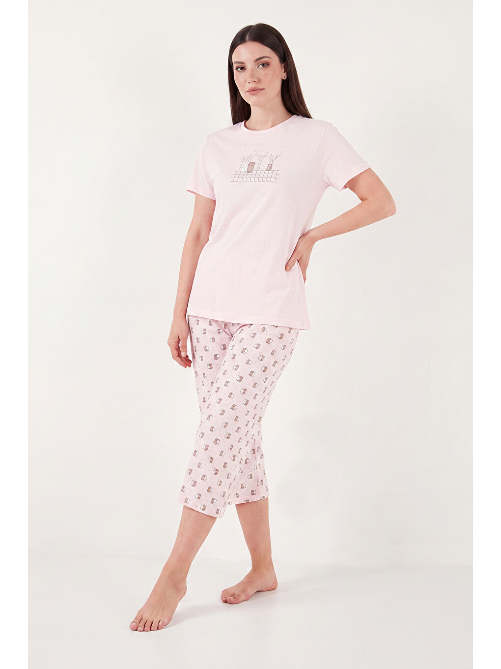 Pembe Desenli Pamuklu Bisiklet Yaka Kaprili Pijama Takımı 65790787-4