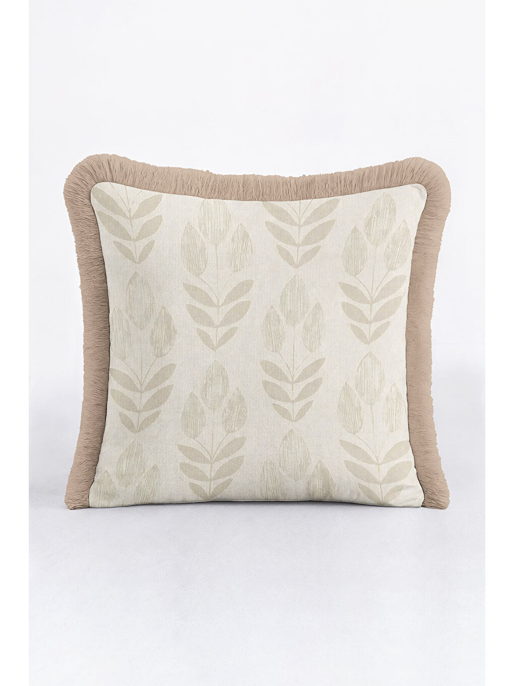 Karışık Zarif Yaprak Motifli Saçaklı Yastık Kılıfı - Naturel İskandinav Bej Püsküllü Kırlent Kılıfı