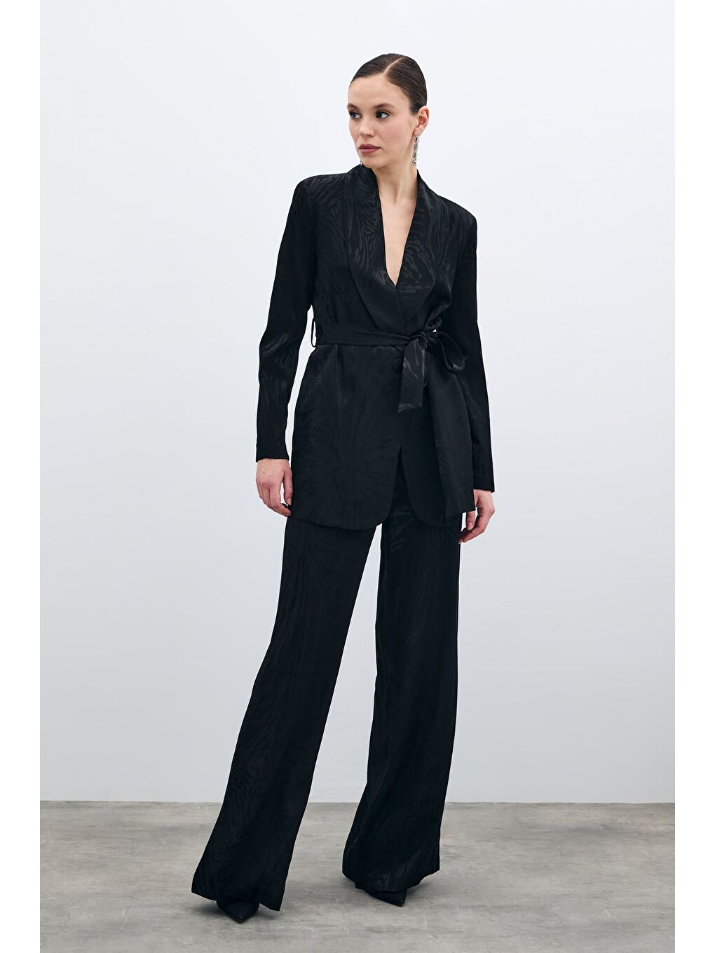 Yüksek Bel Desenli Pantolon - Siyah-1