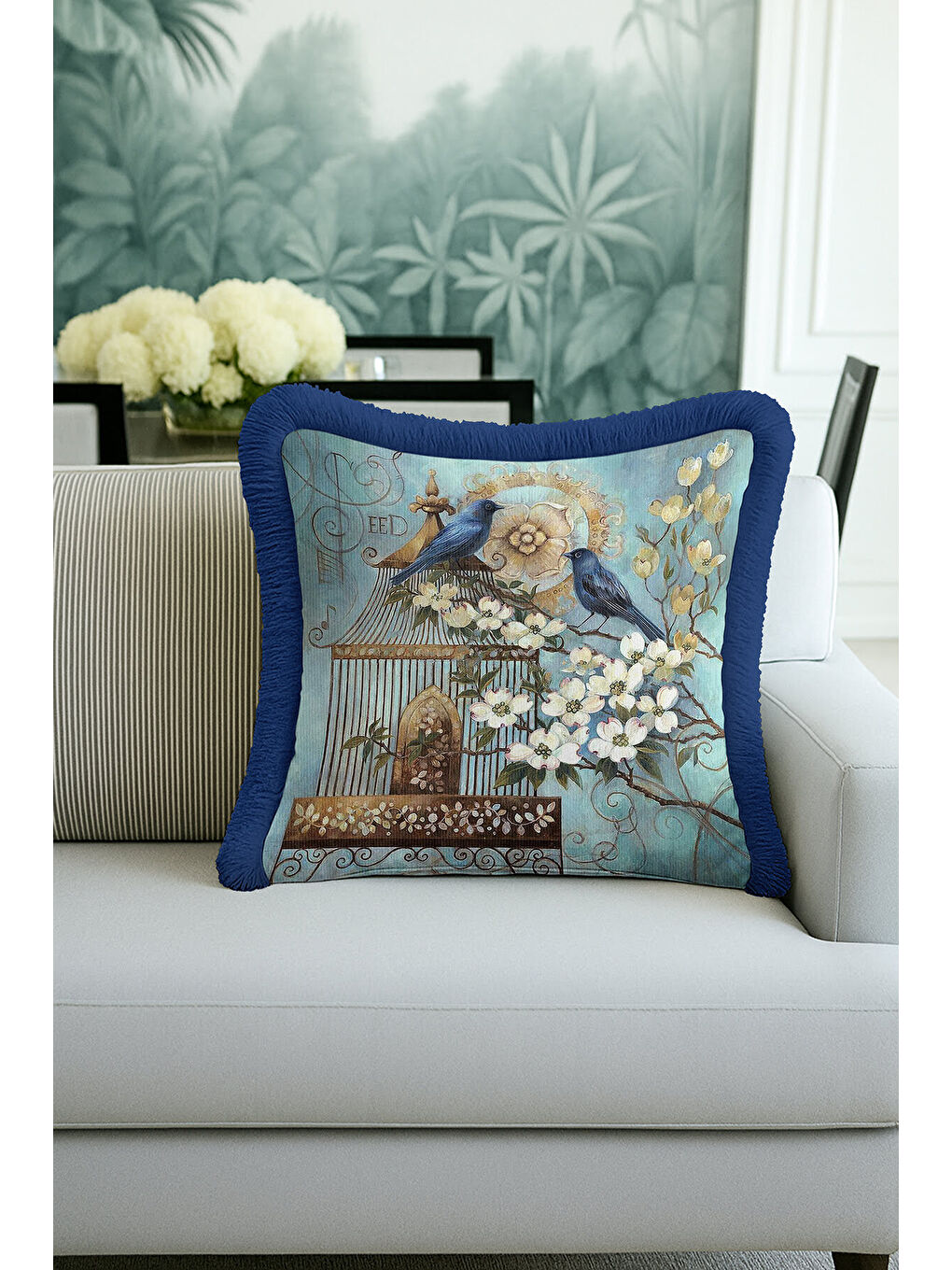 Karışık Zarif Kuşlu Çiçekli Saçaklı Yastık Kılıfı - Vintage Bahar Rustik Mavi Altın Püsküllü Kırlent Kılıfı-3