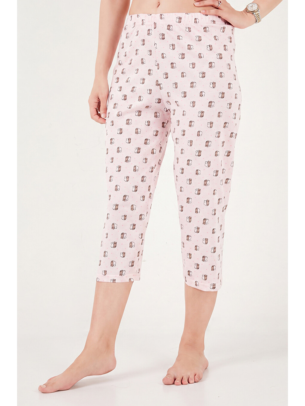 Pembe Desenli Pamuklu Bisiklet Yaka Kaprili Pijama Takımı 65790787-5