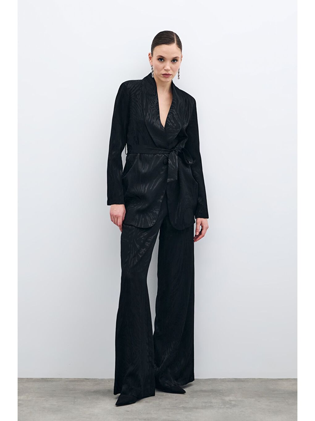 Yüksek Bel Desenli Pantolon - Siyah-2