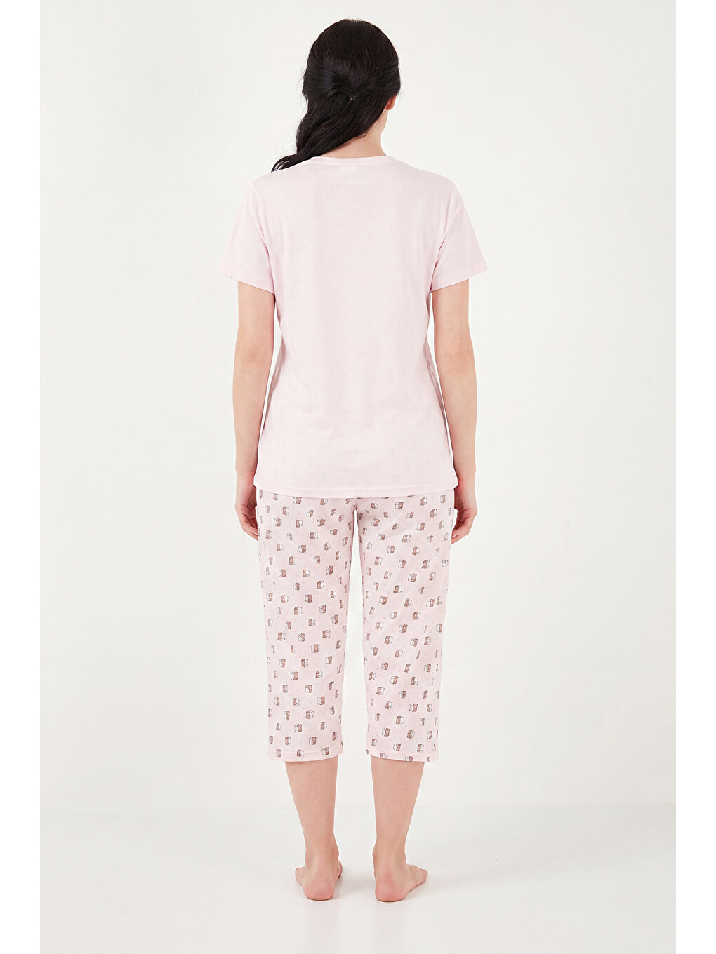 Pembe Desenli Pamuklu Bisiklet Yaka Kaprili Pijama Takımı 65790787-6