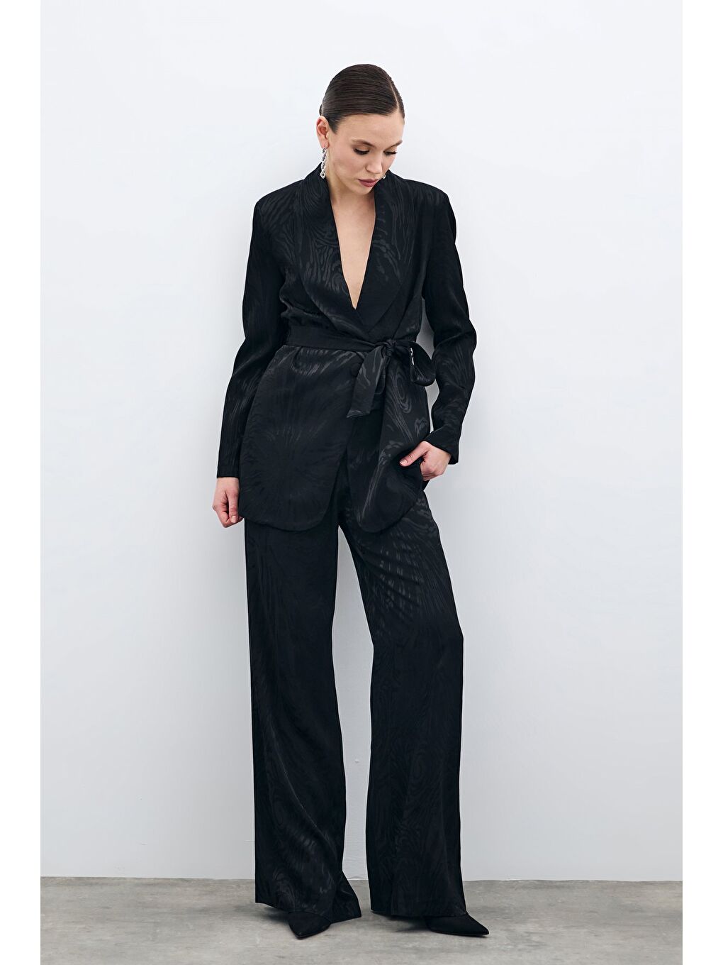 Yüksek Bel Desenli Pantolon - Siyah-3