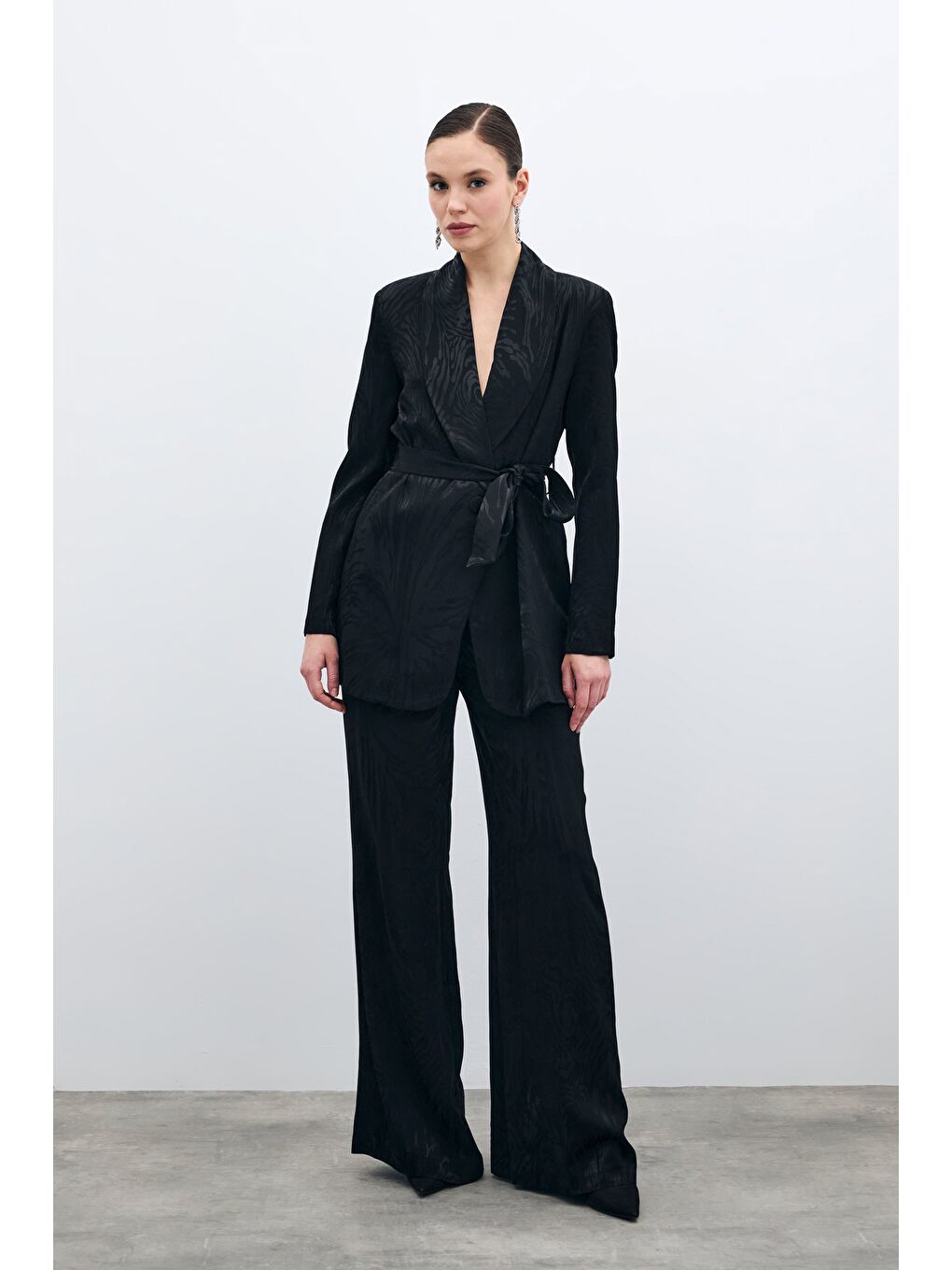 Yüksek Bel Desenli Pantolon - Siyah-4